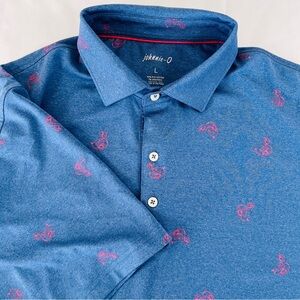 Johnnie-O Men's Blue Performance Polo Size Large Pink Flamingo on Floatie Golf